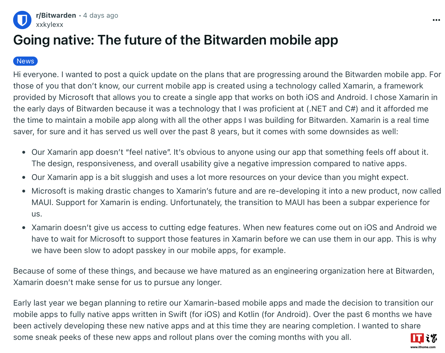 密码管理工具(Bitwarden)宣布淘汰微软 Xamarin 框架 密码管理工具(Bitwarden)宣布淘汰微软 Xamarin 框架