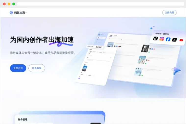 蚂蚁出海:海外新媒体多平台多账号矩阵分发管理工具 蚂蚁出海:海外新媒体多平台多账号矩阵分发管理工具