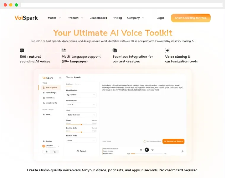 VoiSpark:AI驱动的文本转语音、语音生成及语音克隆平台 VoiSpark:AI驱动的文本转语音、语音生成及语音克隆平台