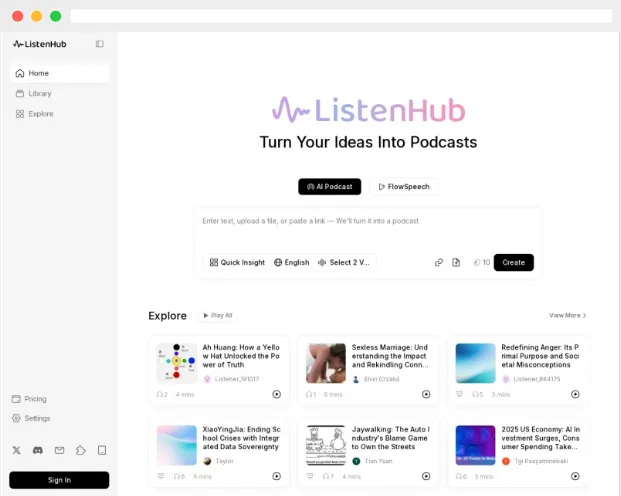 ListenHub:AI驱动的语音合成及播客音频生成器 ListenHub:AI驱动的语音合成及播客音频生成器