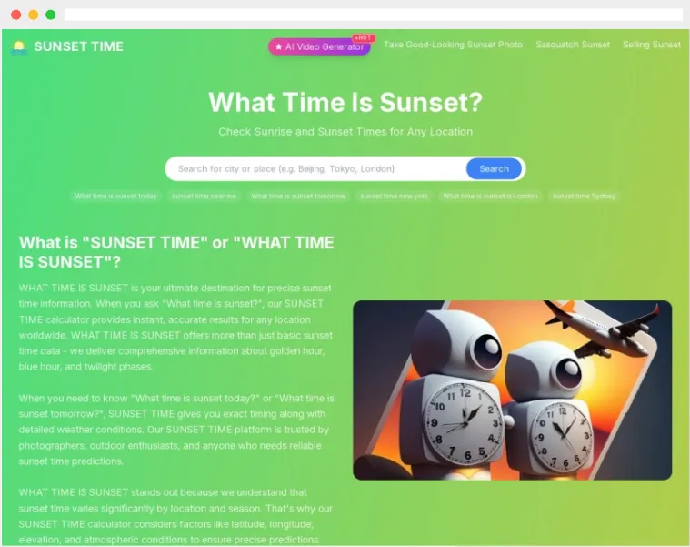 SUNSET TIME:全球日出日落时间查询平台,为用户提供精准到分钟的日出日落时间预测 SUNSET TIME:全球日出日落时间查询平台,为用户提供精准到分钟的日出日落时间预测