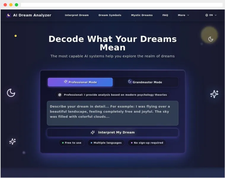 AI Dream Analyzer:AI驱动的免费在线解梦及梦境解析工具 AI Dream Analyzer:AI驱动的免费在线解梦及梦境解析工具