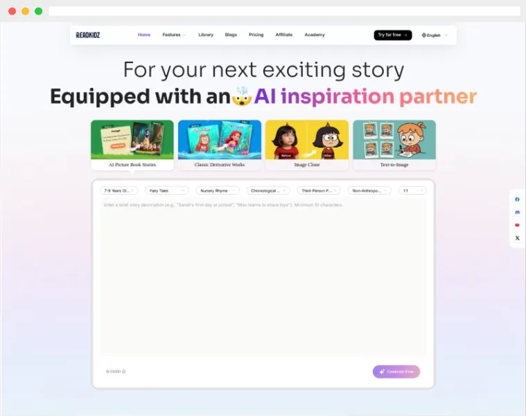 ReadKidz：一站式儿童书籍、绘本、视频及音频内容制作AI工具